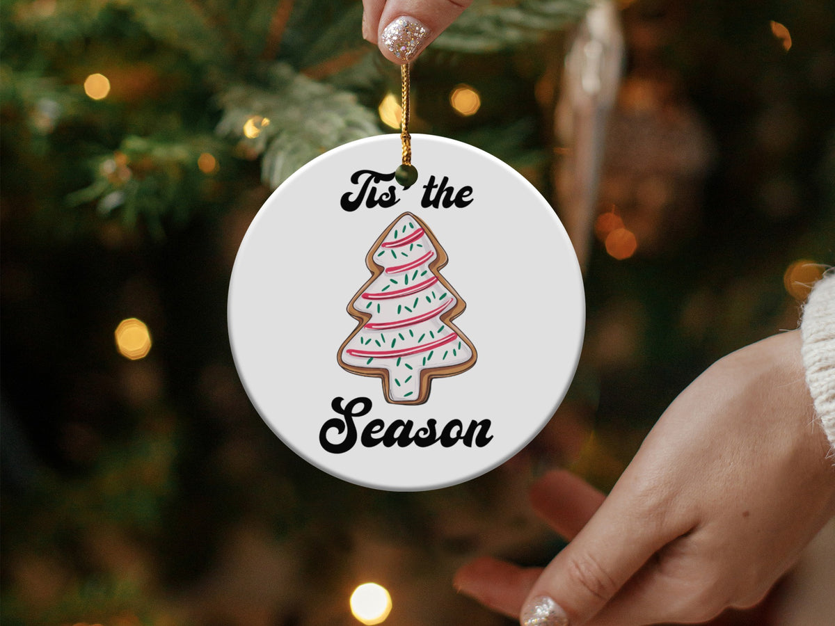Round ornament with gingerbread tree and "Tis the Season" text.