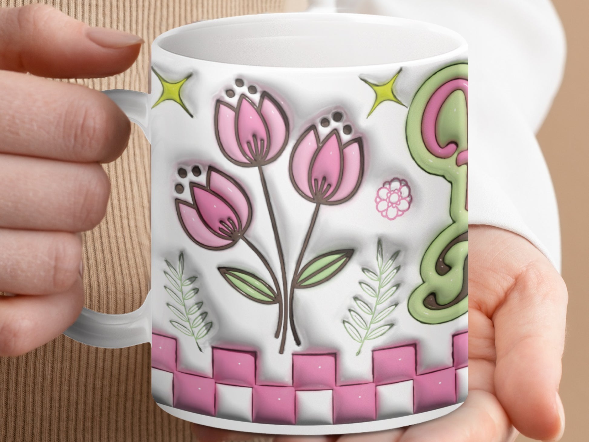 Pink Tulips Green Leaf Star Checkerboard Design product type
