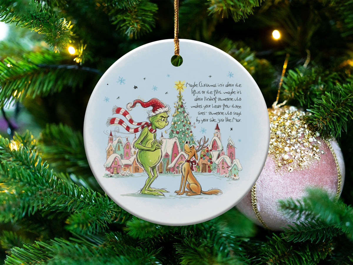 The Grinch and Max ornament with Christmas village and quote.