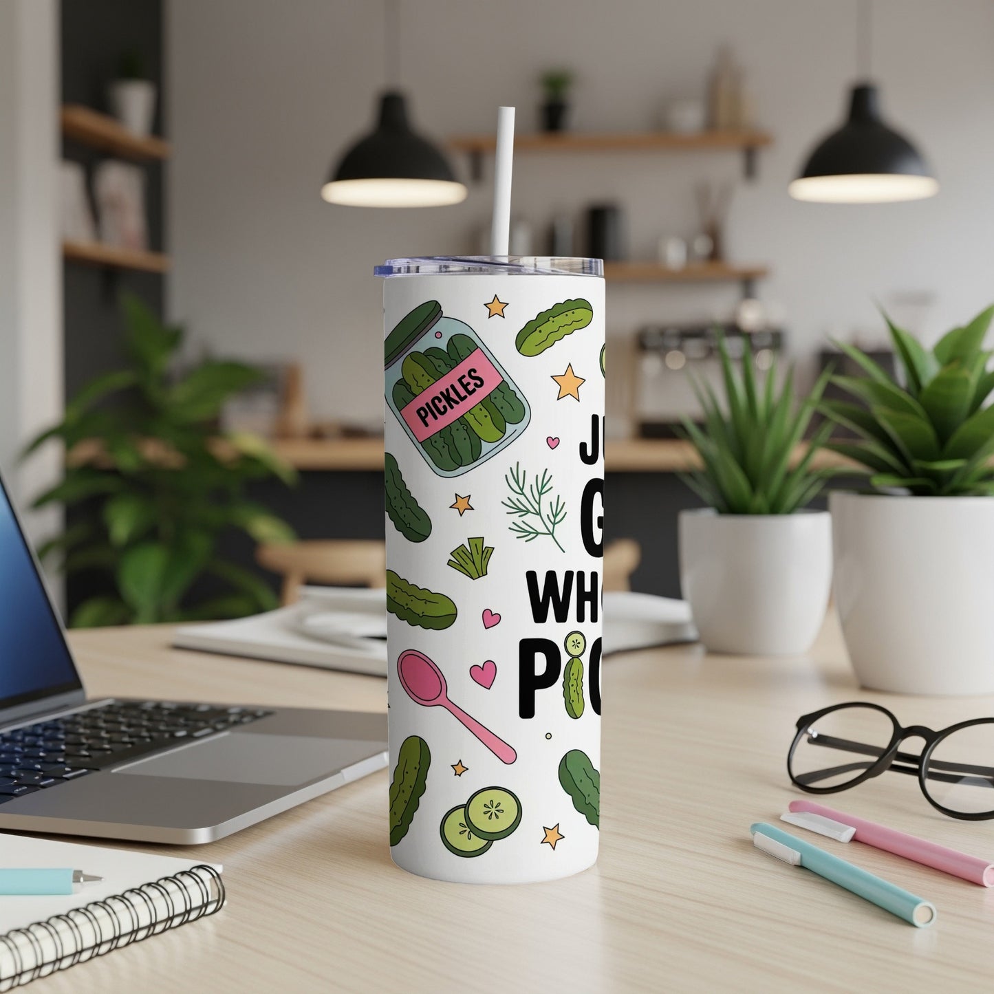 Tumbler with "Just Here for the Pickles" text and pickle pattern.