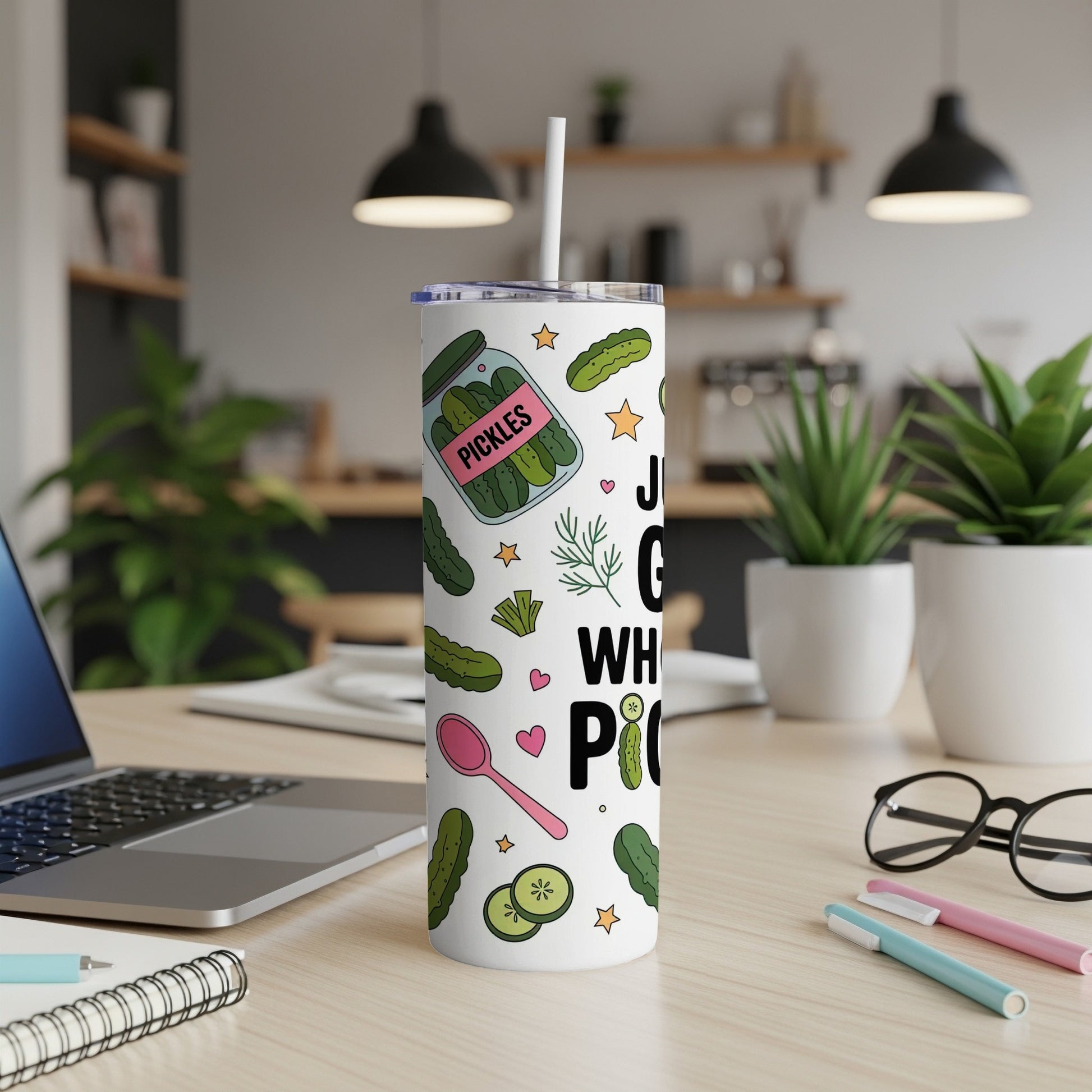 Tumbler with "Just Here for the Pickles" text and pickle pattern.