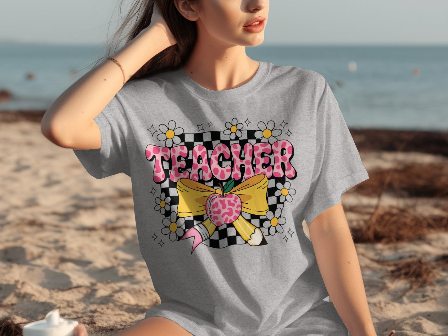 Stylish Graphic Teacher T-Shirt with Floral Ribbon Design