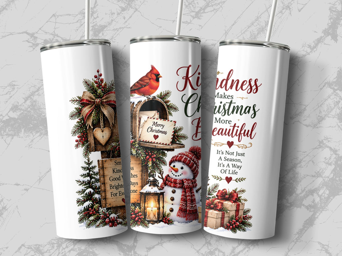 Three white travel tumblers featuring Christmas designs with a cardinal, snowman, presents, and inspirational holiday text.