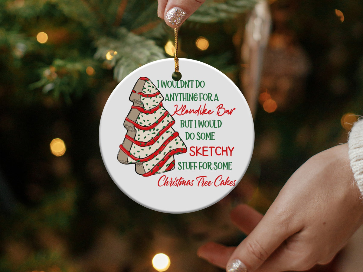 Round ornament with Christmas tree cookie graphic and text.