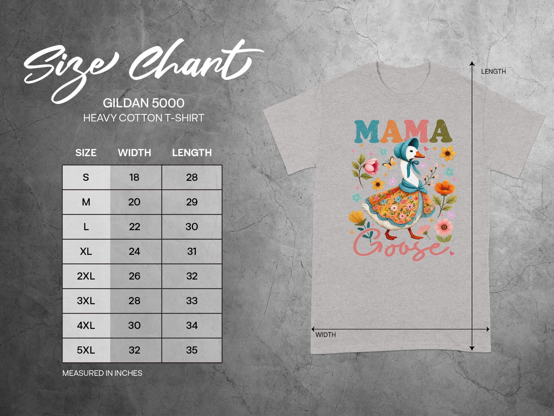 Gildan 5000 t-shirt size chart with "Mama Goose" graphic.