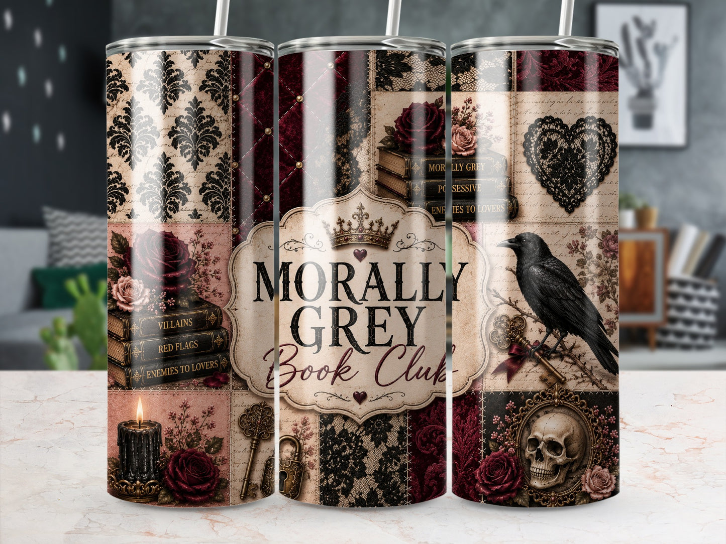 Tumbler with "Morally Grey Book Club" text and vintage gothic illustrations.