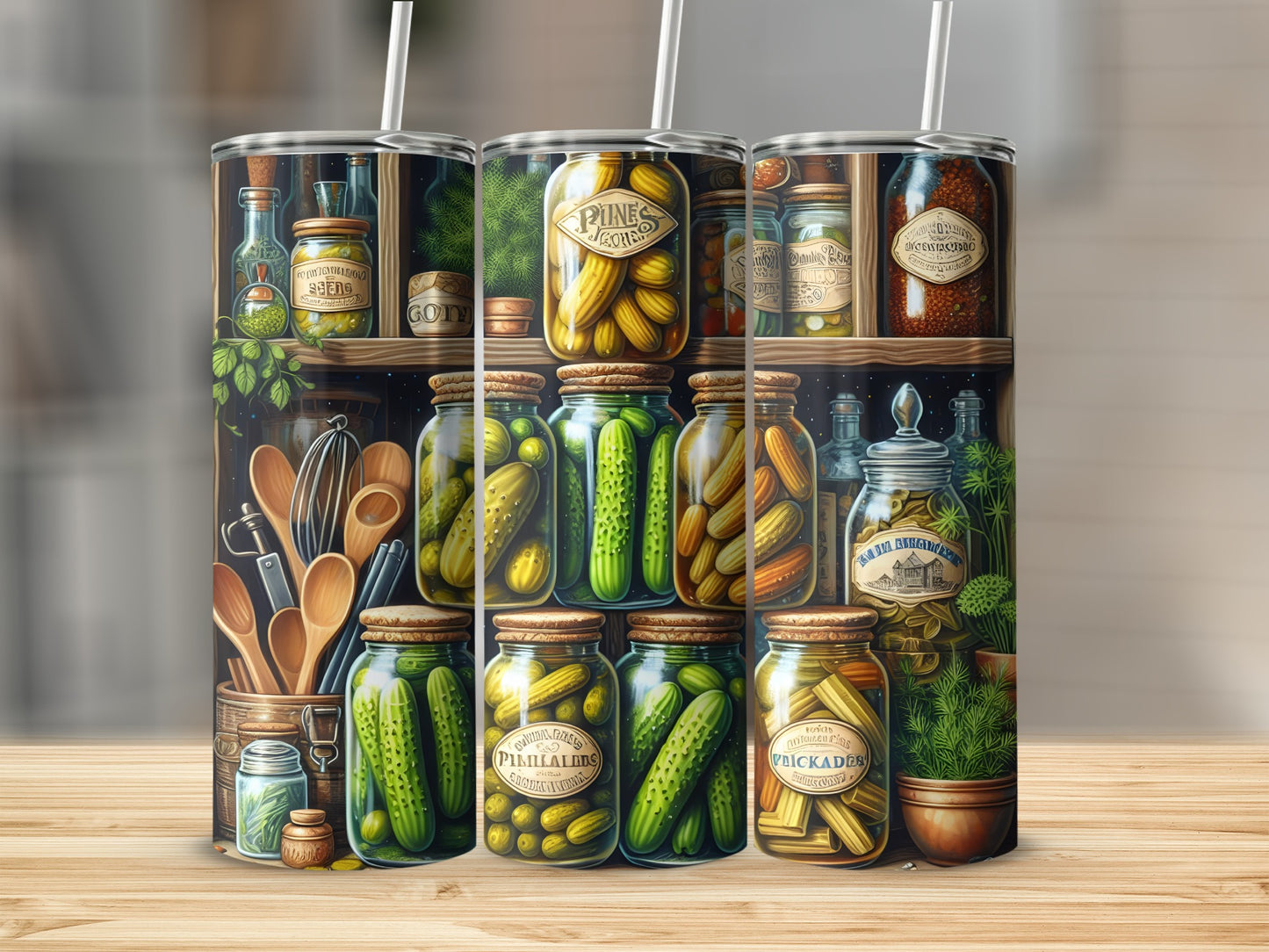 Jars of pickles on shelves with kitchen utensils and decorative jars.