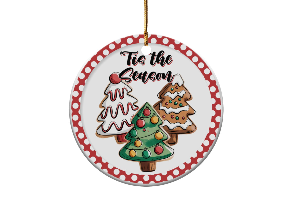 Round ornament with three Christmas tree cookies and "Tis the Season" text.