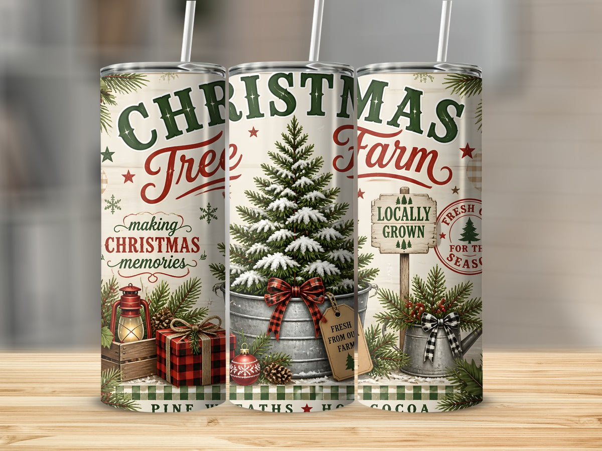 Three tall tumblers display a Christmas tree farm theme with red and green typography, pine trees, and rustic holiday decorations.