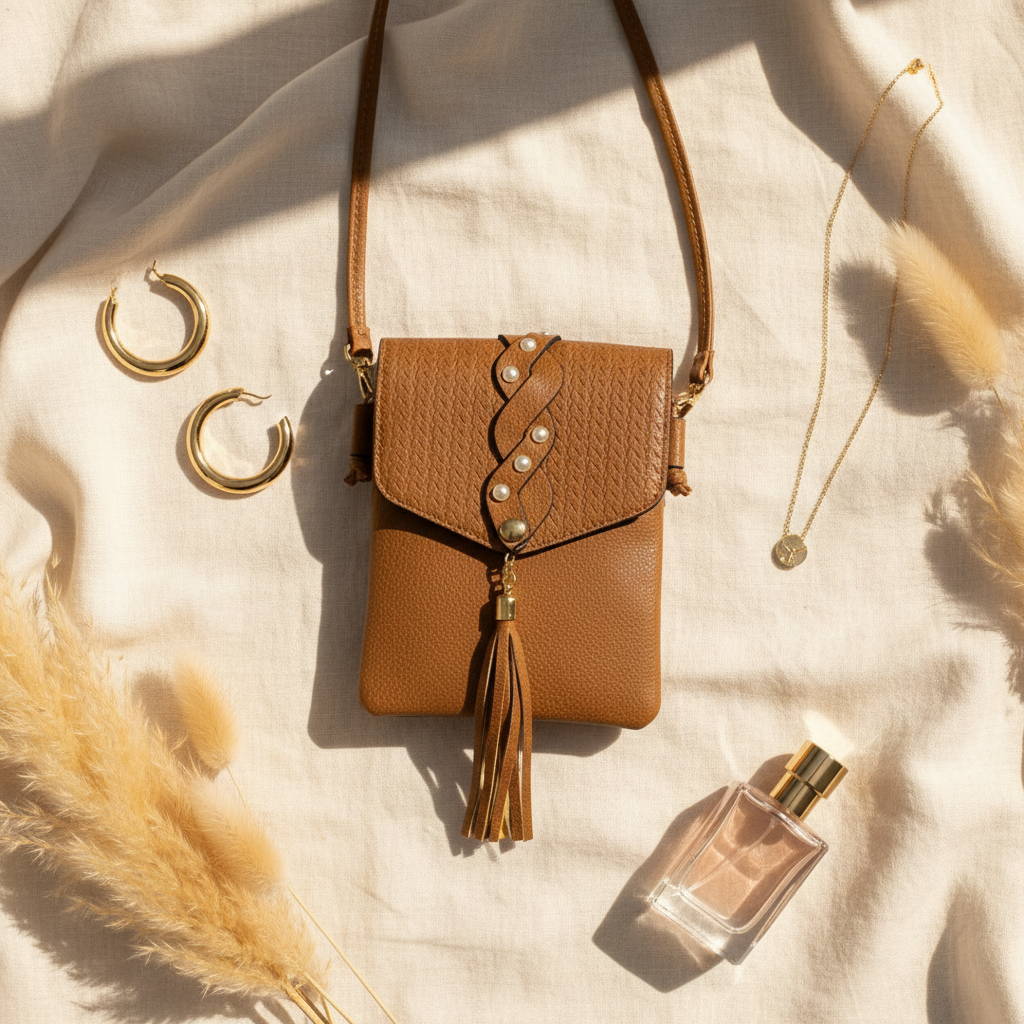 Boho Twist Gold Stud Crossbody Bag Tan Flat Lay