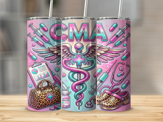 Medical-themed tumbler with caduceus, stethoscope, leopard print bag, and syringes.