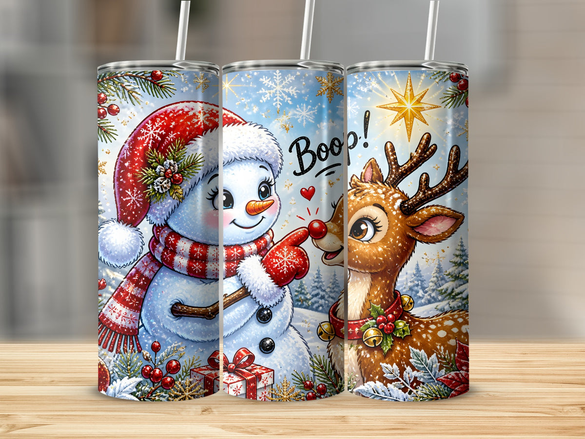 Three tall tumblers display a winter scene of a snowman poking a reindeer's red nose beneath a star.