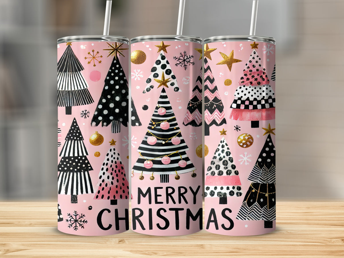Three tall, pink metal tumblers featuring a Merry Christmas pattern with black, white, and pink patterned trees.