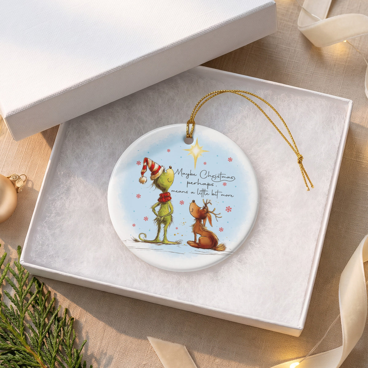 Round ornament with Grinch and Max looking at star, reading "Maybe Christmas perhaps, means a little bit more."
