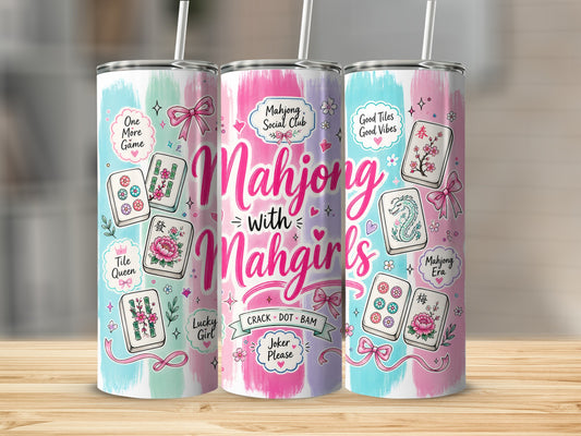 Three tumblers with "Mahjong with Mahgirls" and mahjong tile designs.