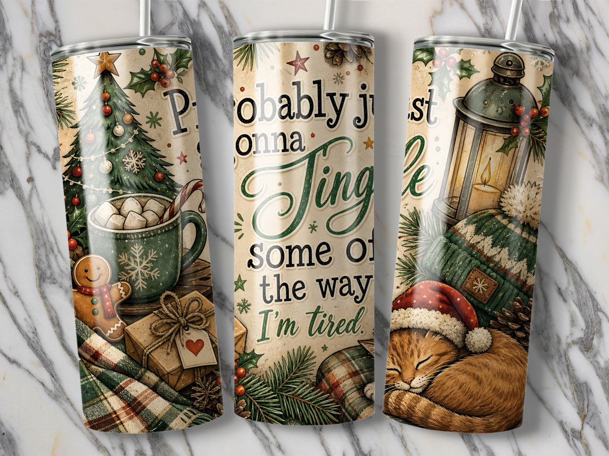 Three insulated tumblers display vintage-style Christmas illustrations featuring a decorated tree, a sleeping cat, and festive text.