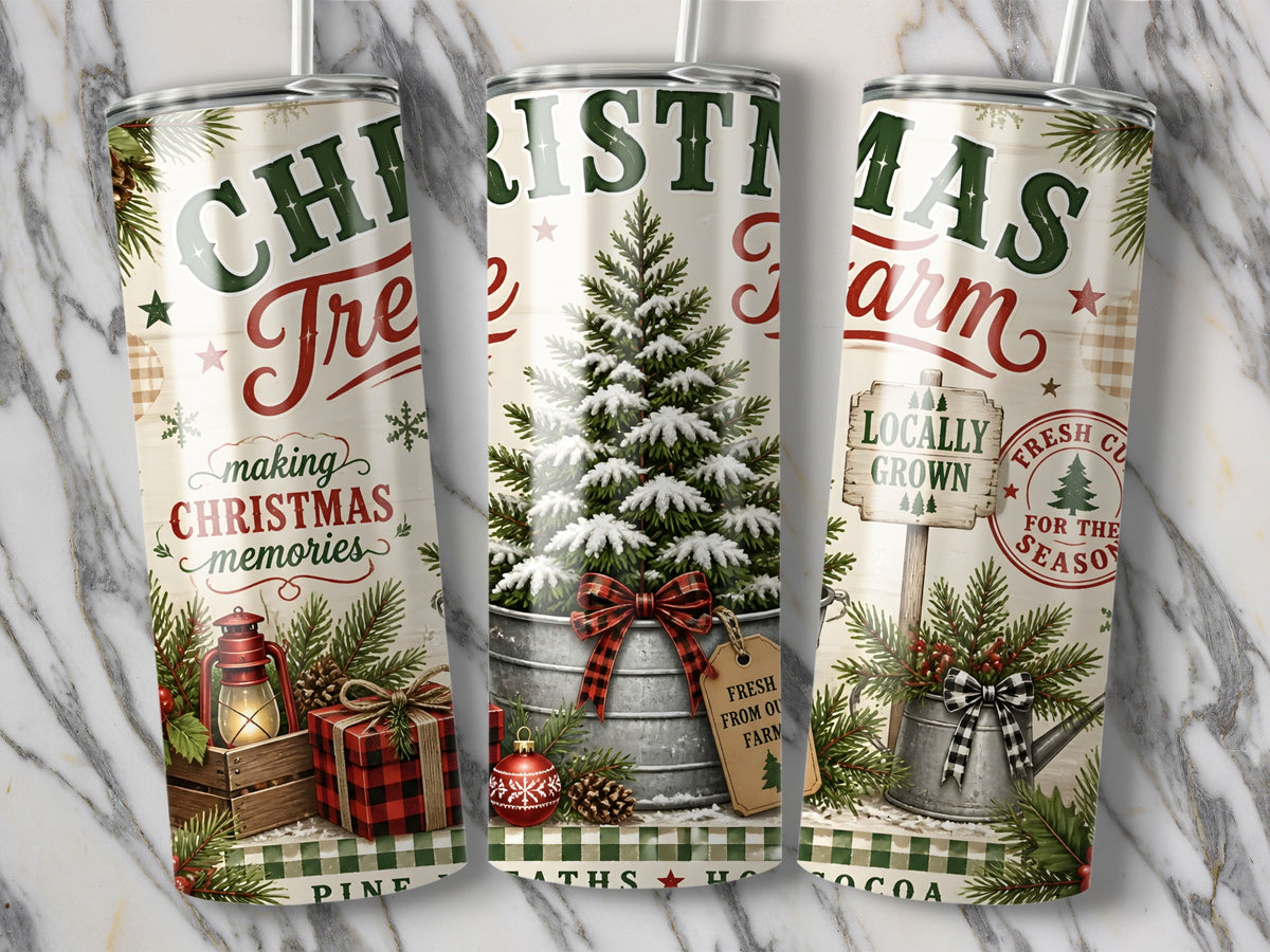 Three tall tumblers display a vintage Christmas tree farm design with evergreen trees, red lanterns, and plaid bows.