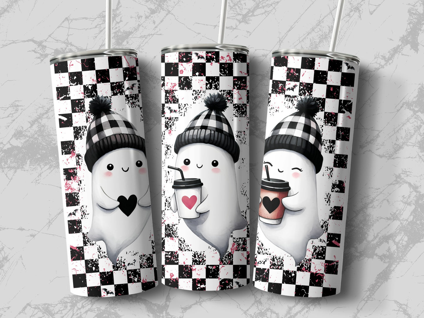 Three tumblers with happy ghosts in beanies and checkered patterns.