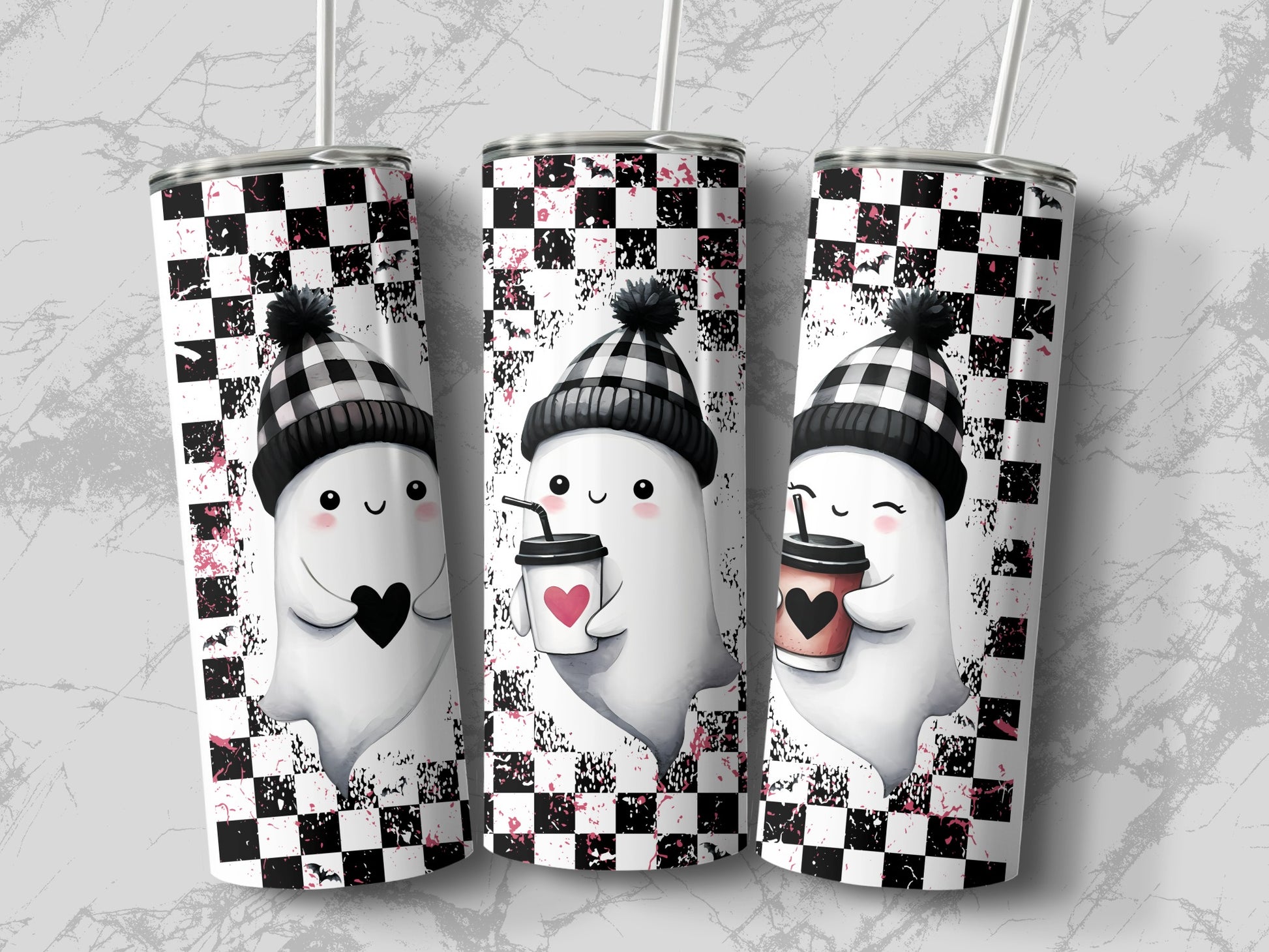 Three tumblers with happy ghosts in beanies and checkered patterns.