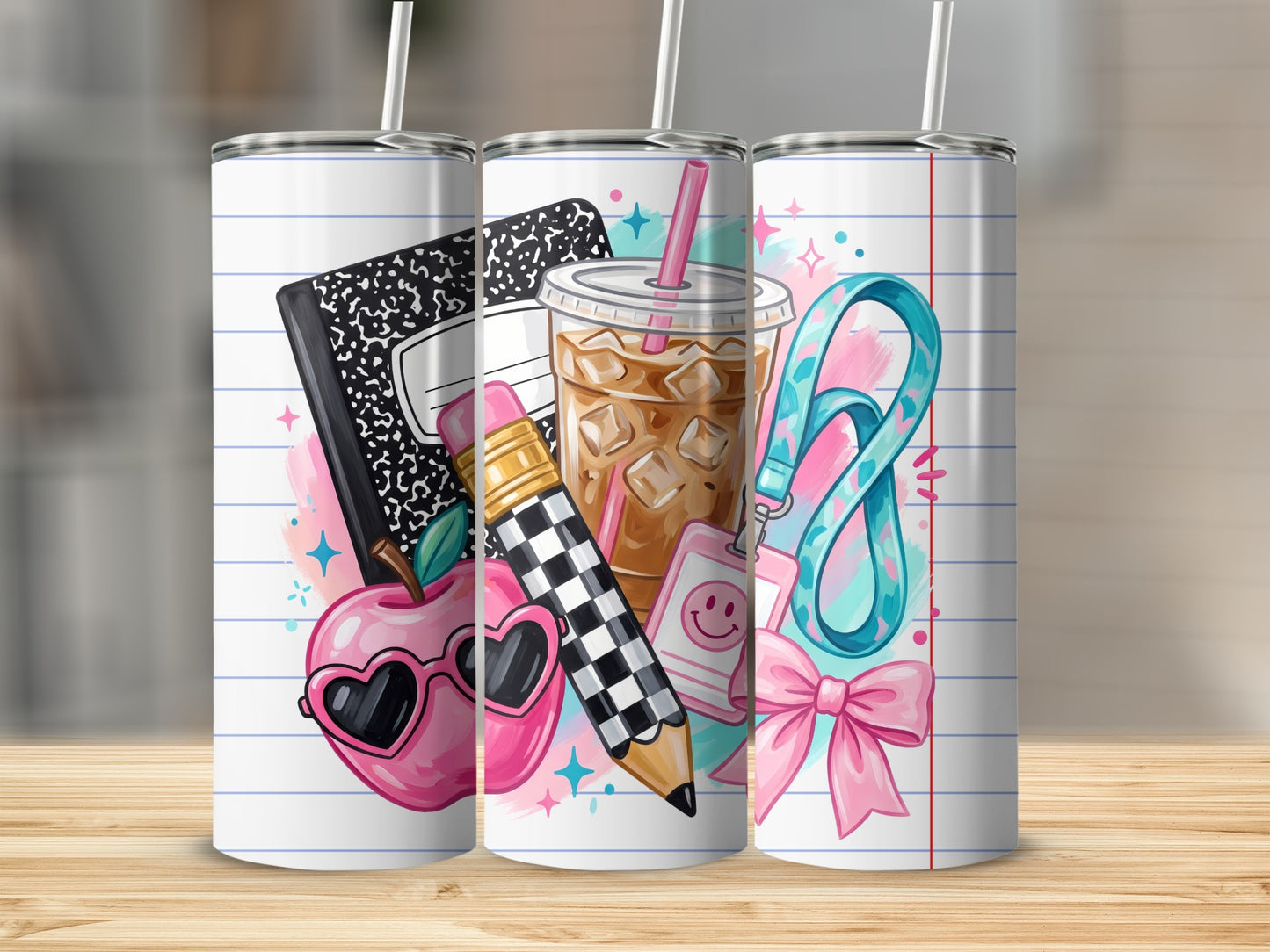 Tumblers with school supplies: apple, notebook, coffee, pencil, lanyard, and bow.