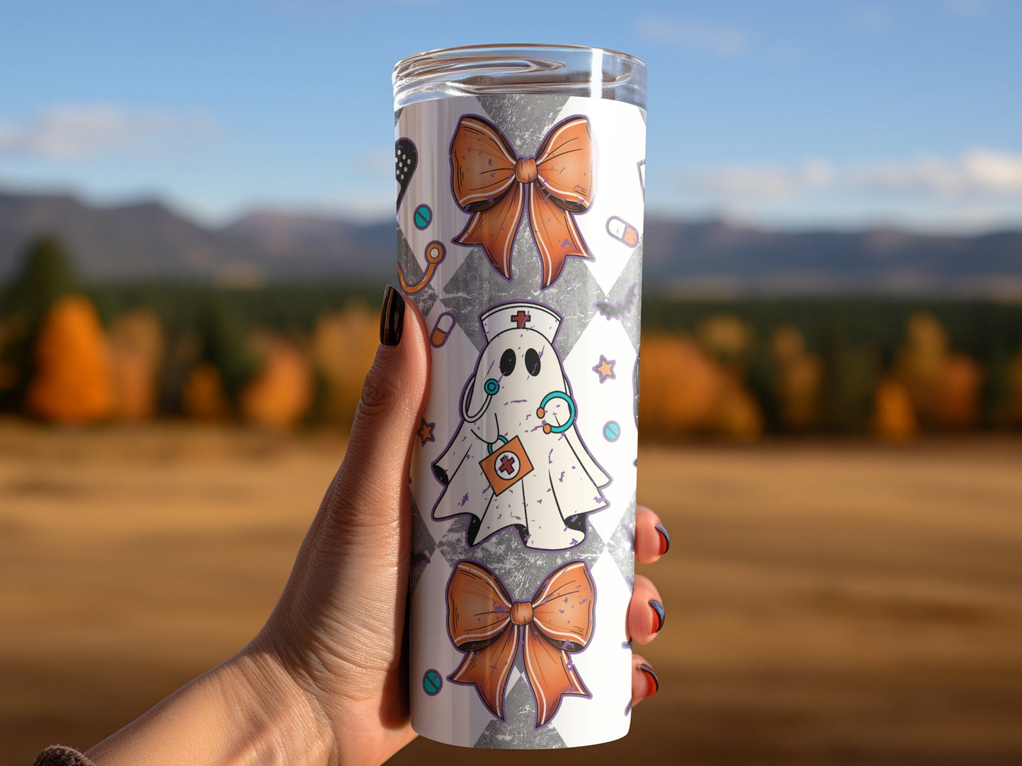 Tumbler with a nurse ghost, stethoscope, and orange bows on a checkered background.