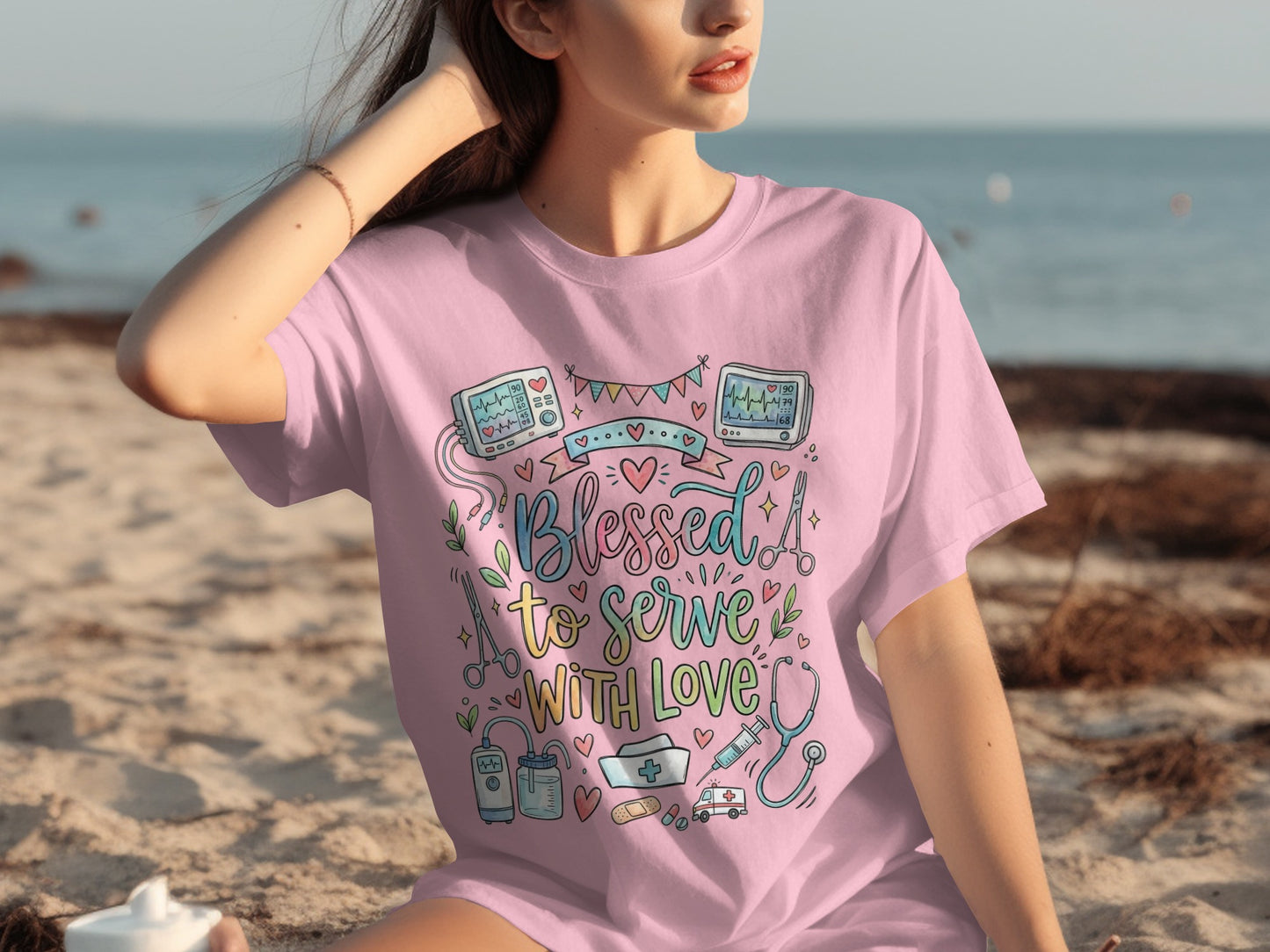 Pink t-shirt with "Blessed to Serve" design featuring medical icons.