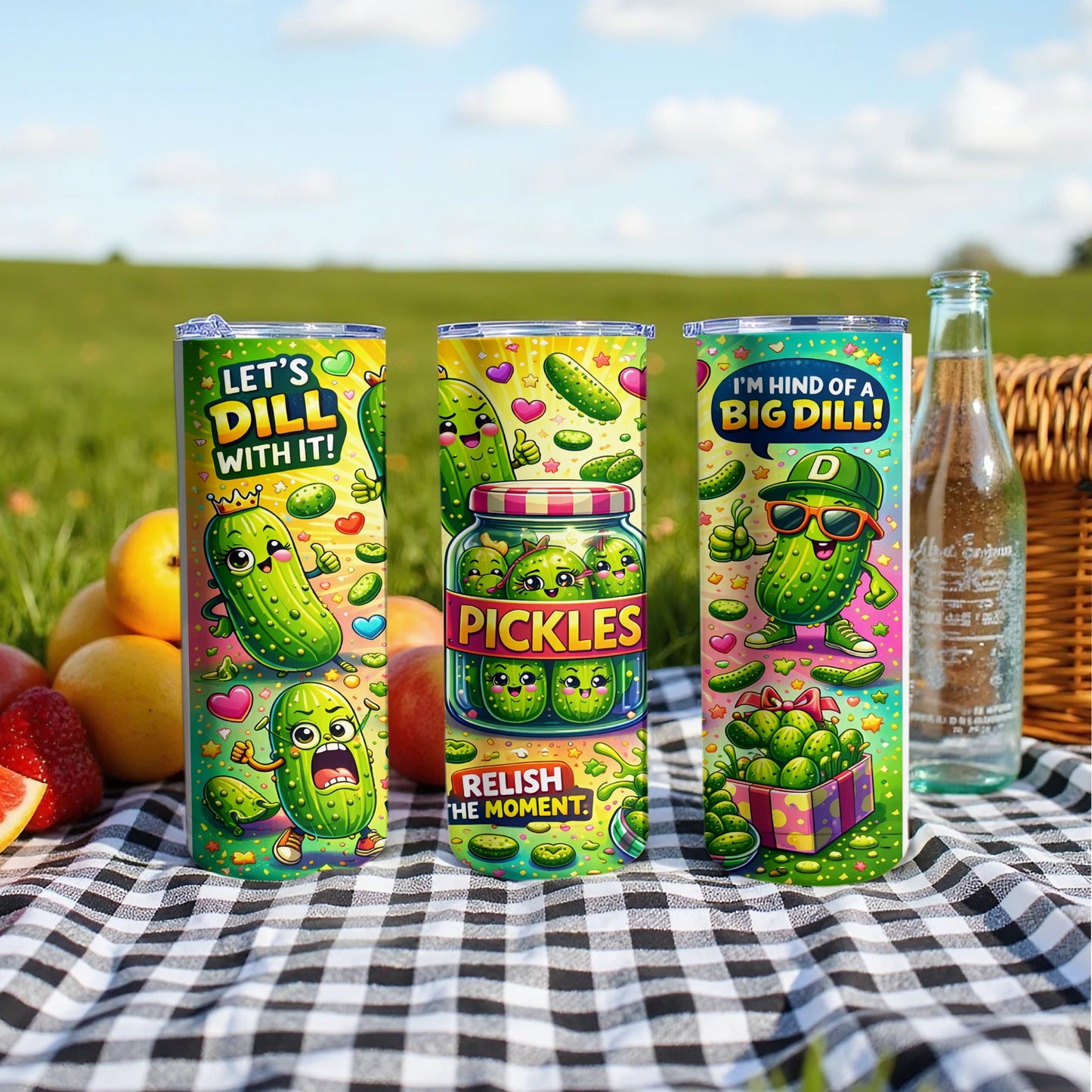 Three pickle-themed tumblers with cartoon pickles and text: "Let's Dill With It!", "Pickles", and "I'm Kind of a Big Dill!".
