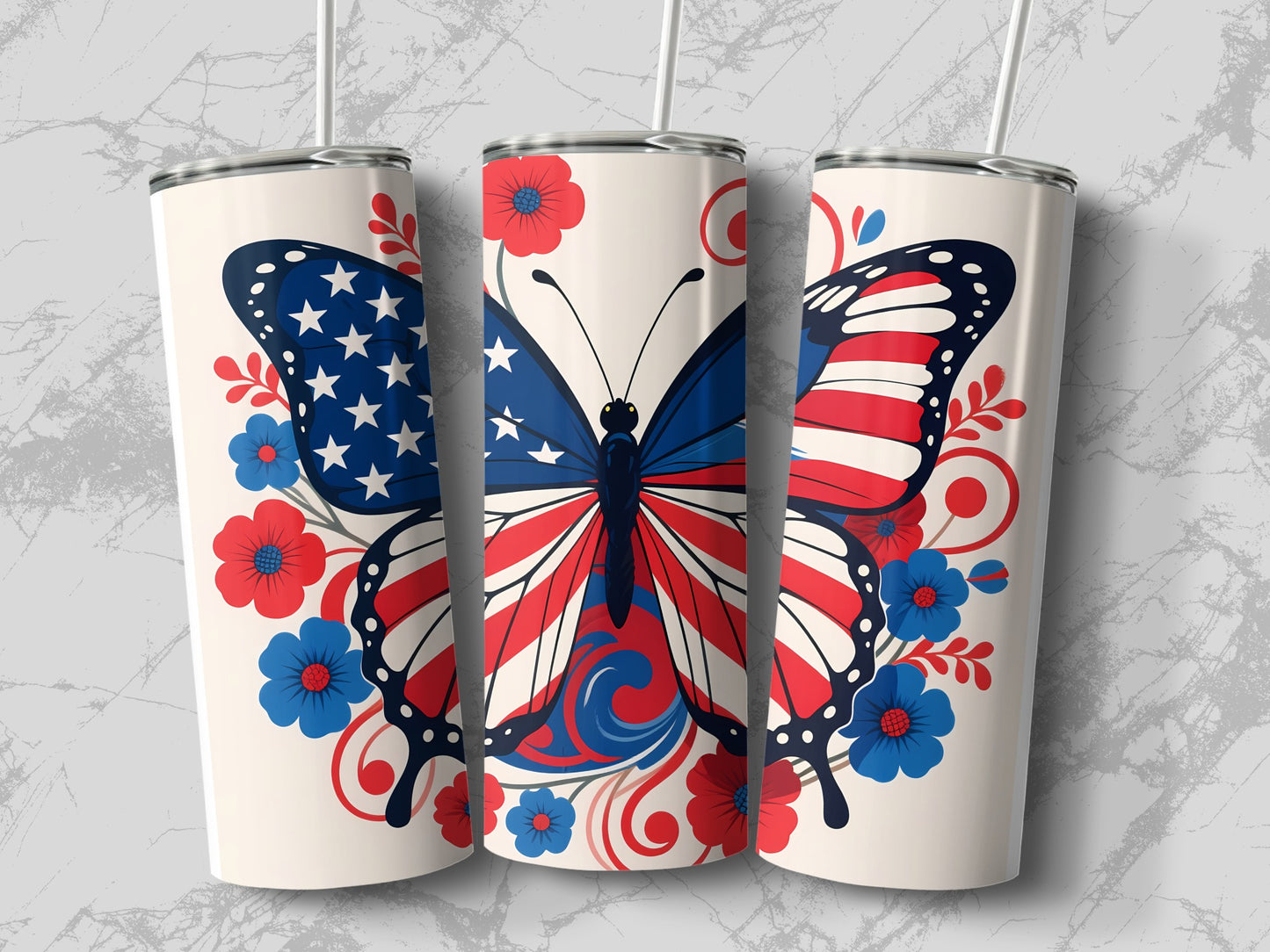 Triptych of tumblers featuring American flag butterfly design with floral accents.