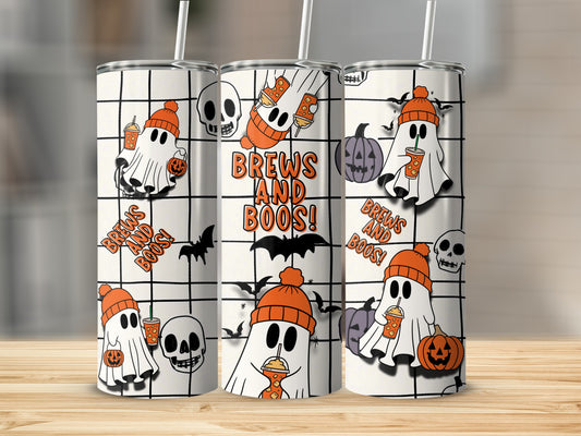 Three tumblers with Halloween ghosts, pumpkins, skulls, and "Brews and Boos!" text.