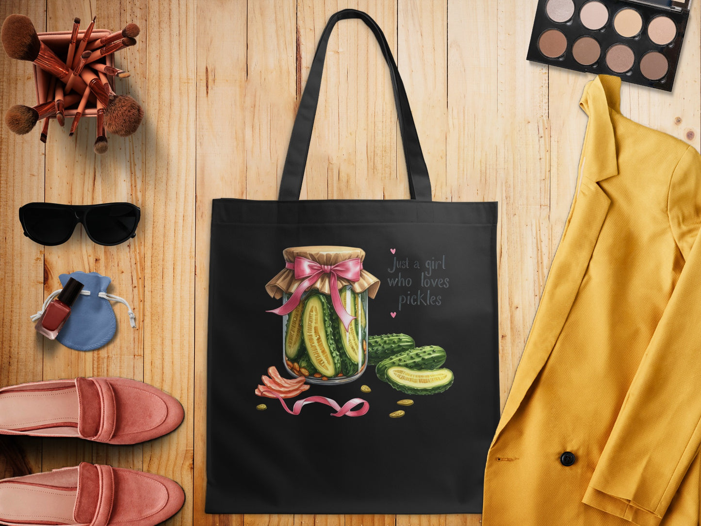 Black tote bag with dill pickles and text "Just a girl who loves pickles".