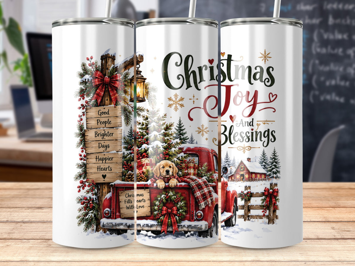Three white metal travel tumblers display a vintage Christmas scene featuring a red truck carrying a puppy and presents, accompanied by holiday text.
