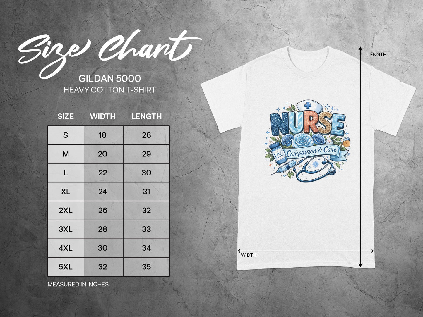 Gildan 5000 size chart for Heavy Cotton T-Shirt with nurse graphic.