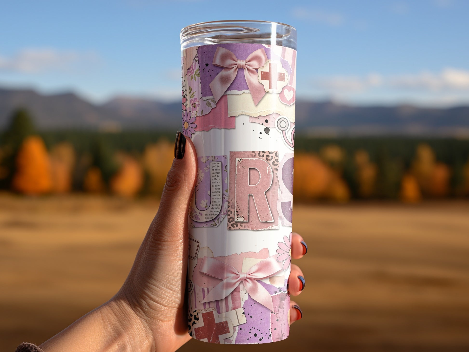 Tumbler with pastel torn paper collage and pink bows, featuring the letter "R".