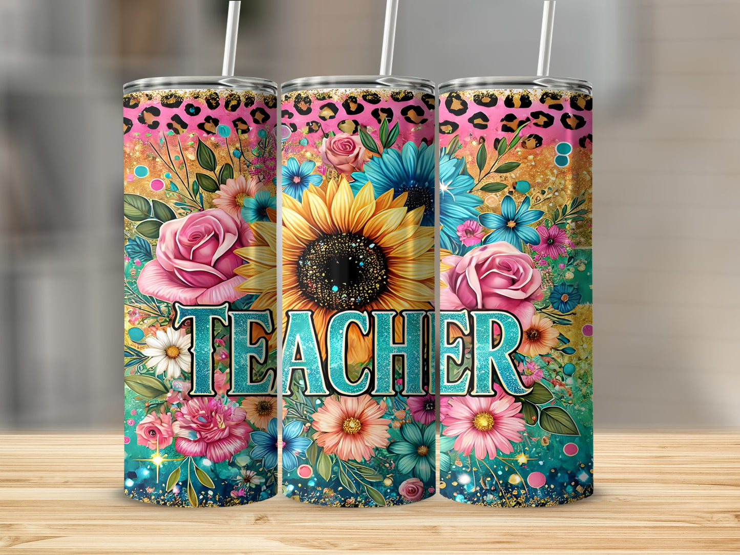 Teacher tumbler with leopard print and floral design.
