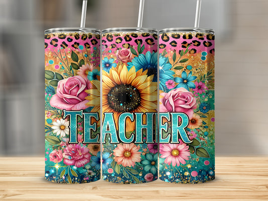 Teacher tumbler with leopard print and floral design.