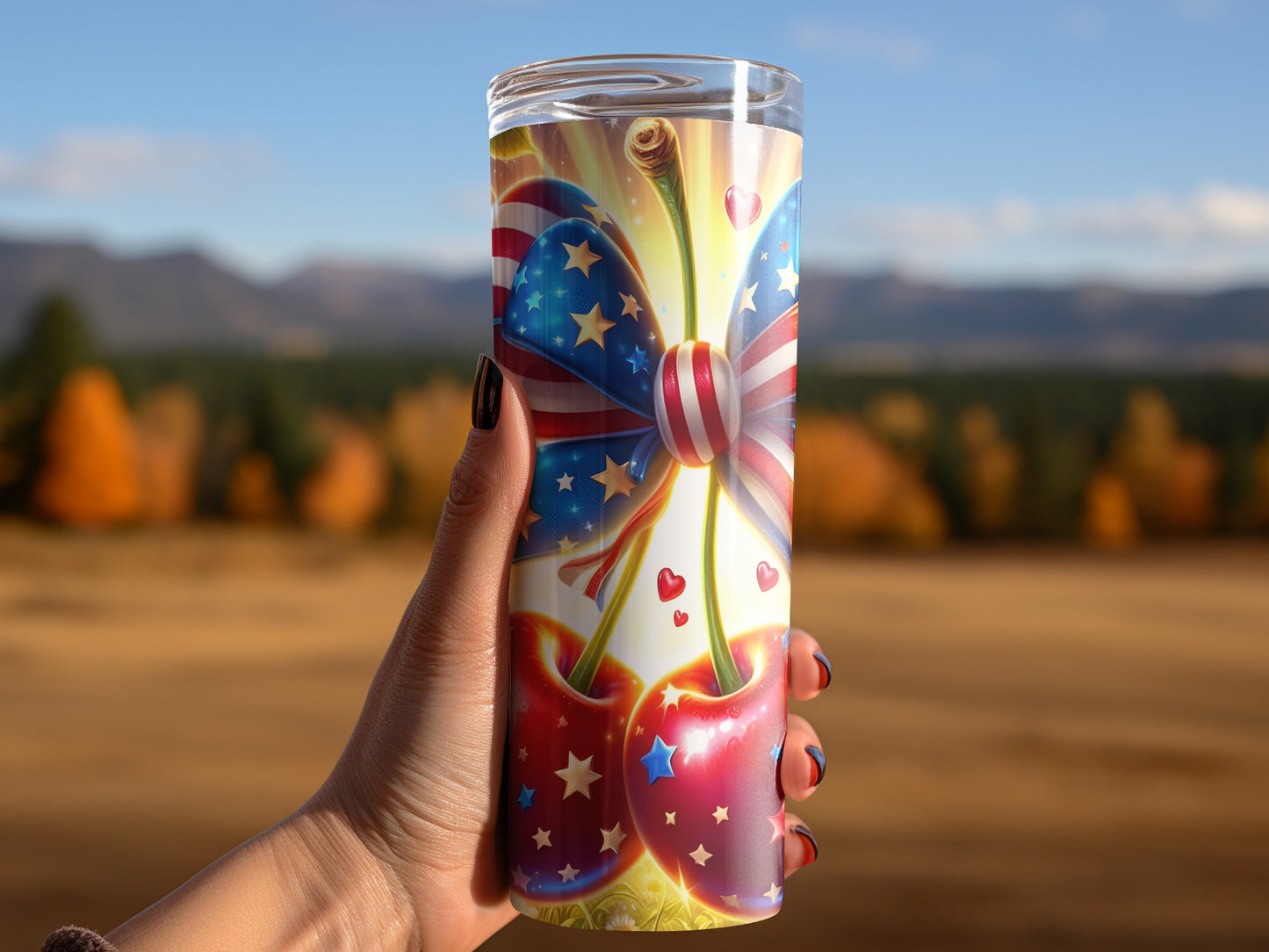 Tumbler with US flag ribbon and cherries, held by a hand.