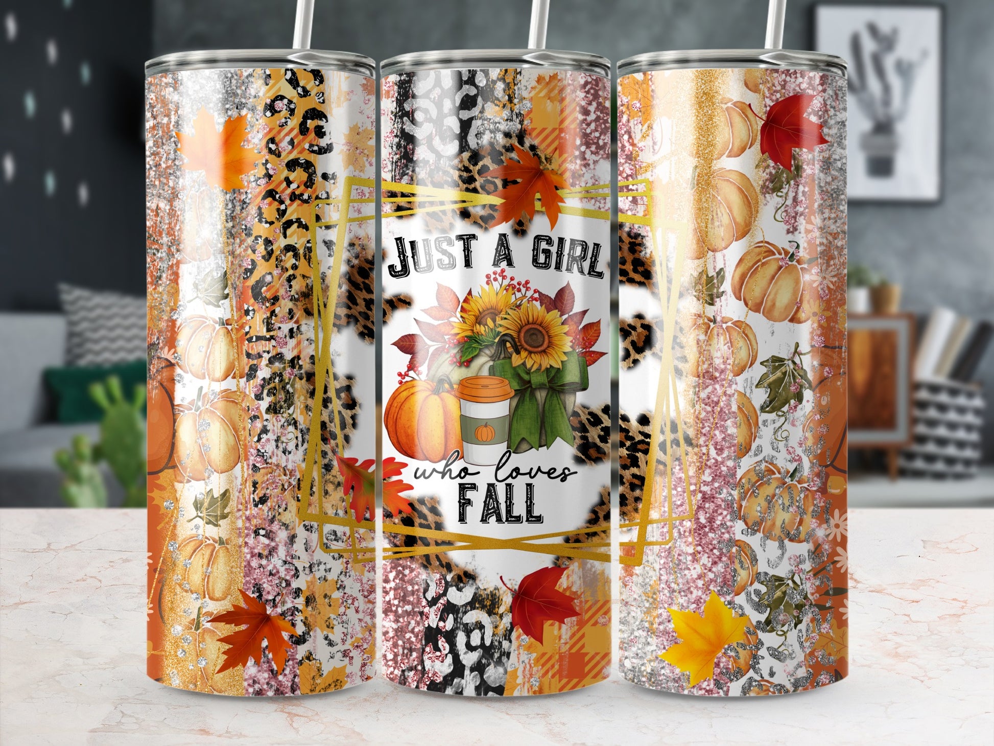Three tumblers with fall-themed designs, featuring pumpkins, sunflowers, and leopard print.