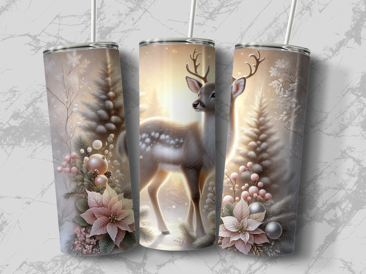 Three tall insulated tumblers with lids and straws display a winter scene featuring a deer, pine trees, and poinsettias.
