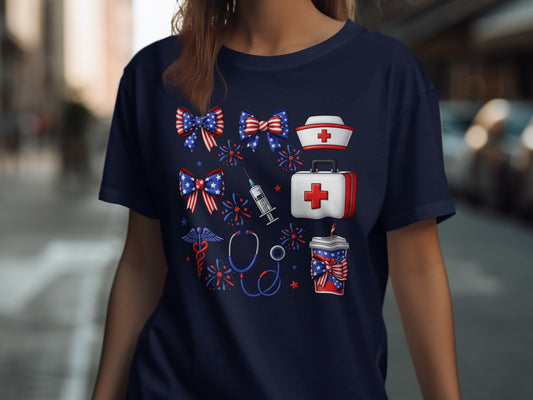 Navy t-shirt with patriotic medical-themed graphics: stethoscope, syringe, nurse cap, first aid kit, and soda cup.