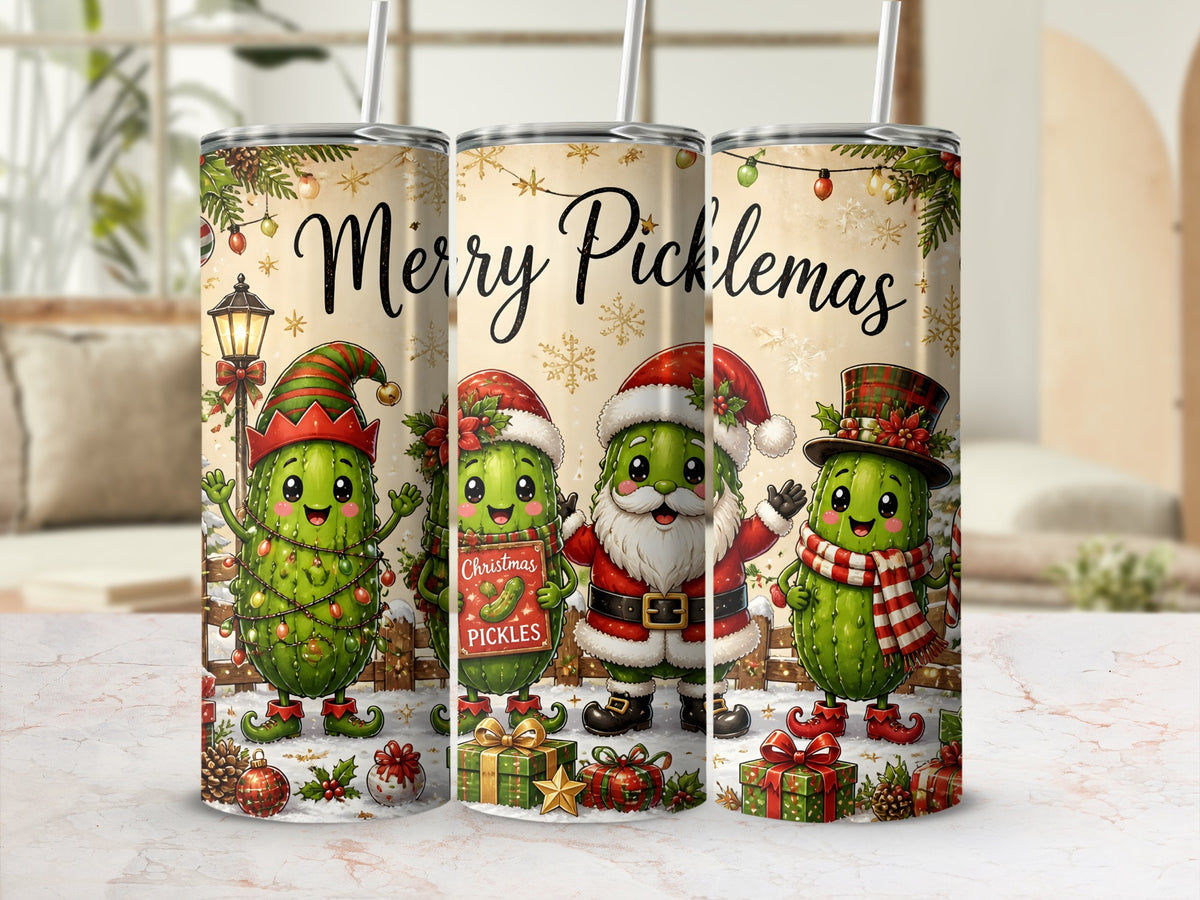 Three metal tumblers display a Merry Picklemas Christmas design featuring cute cartoon pickles in festive holiday costumes.
