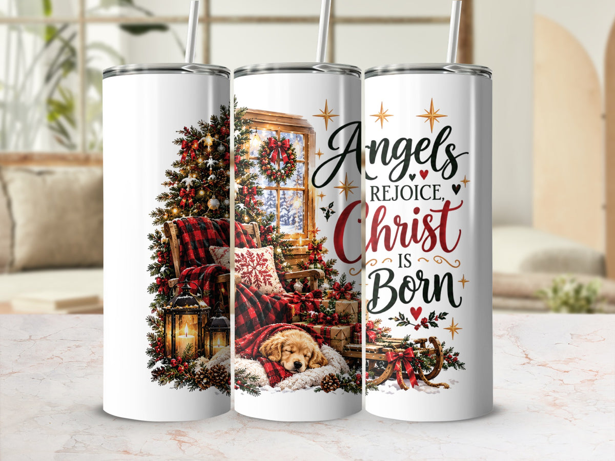 Three tall white tumblers displaying a cozy Christmas scene with a sleeping puppy and holiday text.