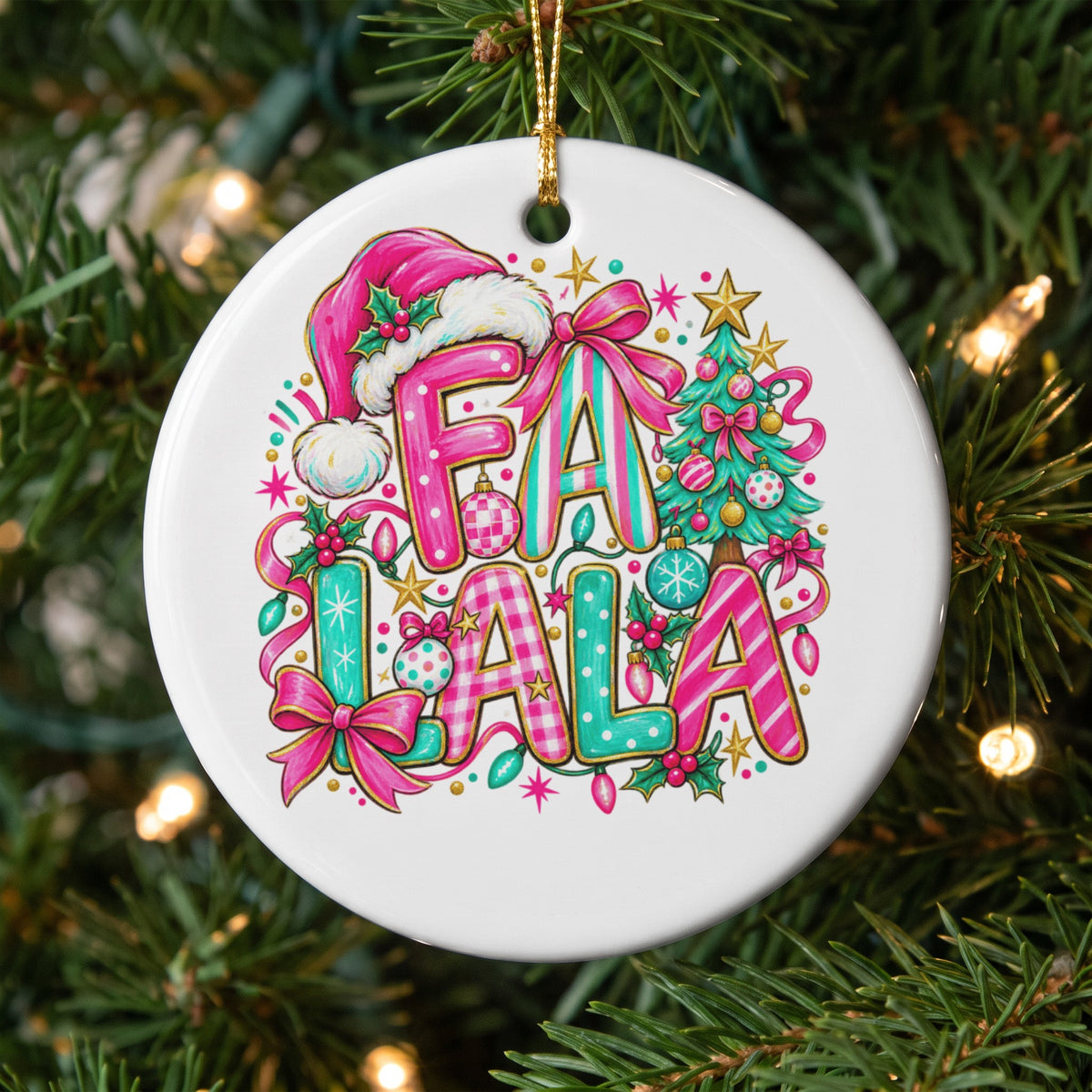 Round ceramic ornament with "Fa La La" text, Santa hat, and Christmas tree.