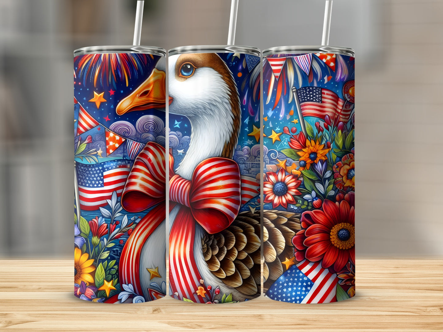 Goose in patriotic colors with stars, stripes, and fireworks.