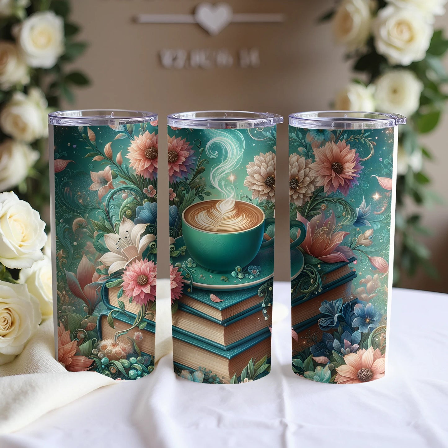 Three teal tumblers with floral and coffee cup designs.