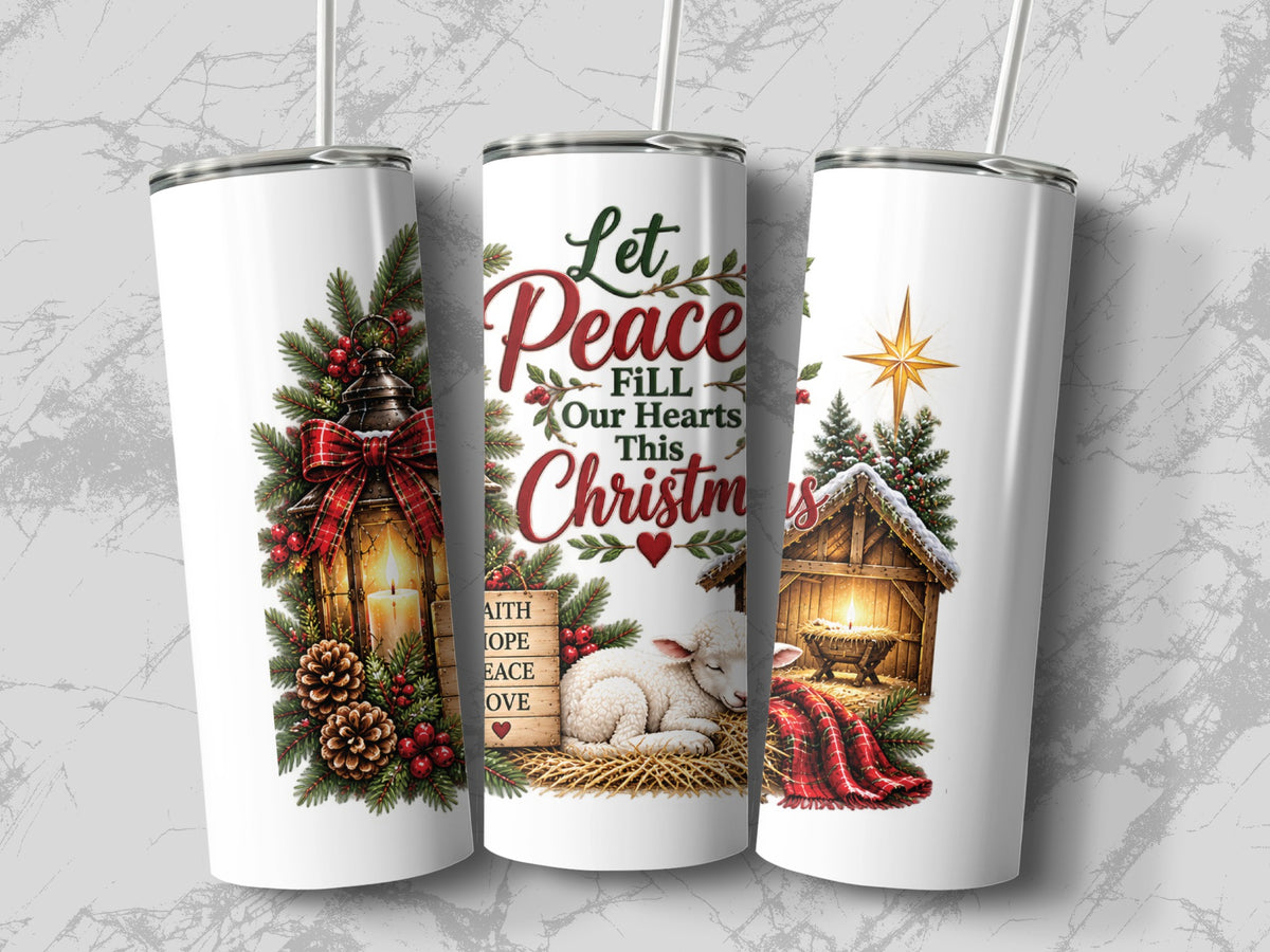 Three white cylindrical tumblers featuring Christmas designs with a lantern, a sleeping lamb, and a nativity scene.
