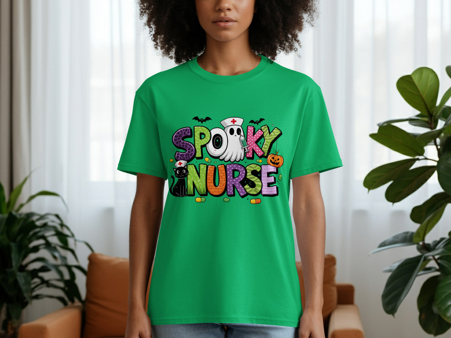 Green t-shirt with "Spooky Nurse" text in Halloween-themed letters.
