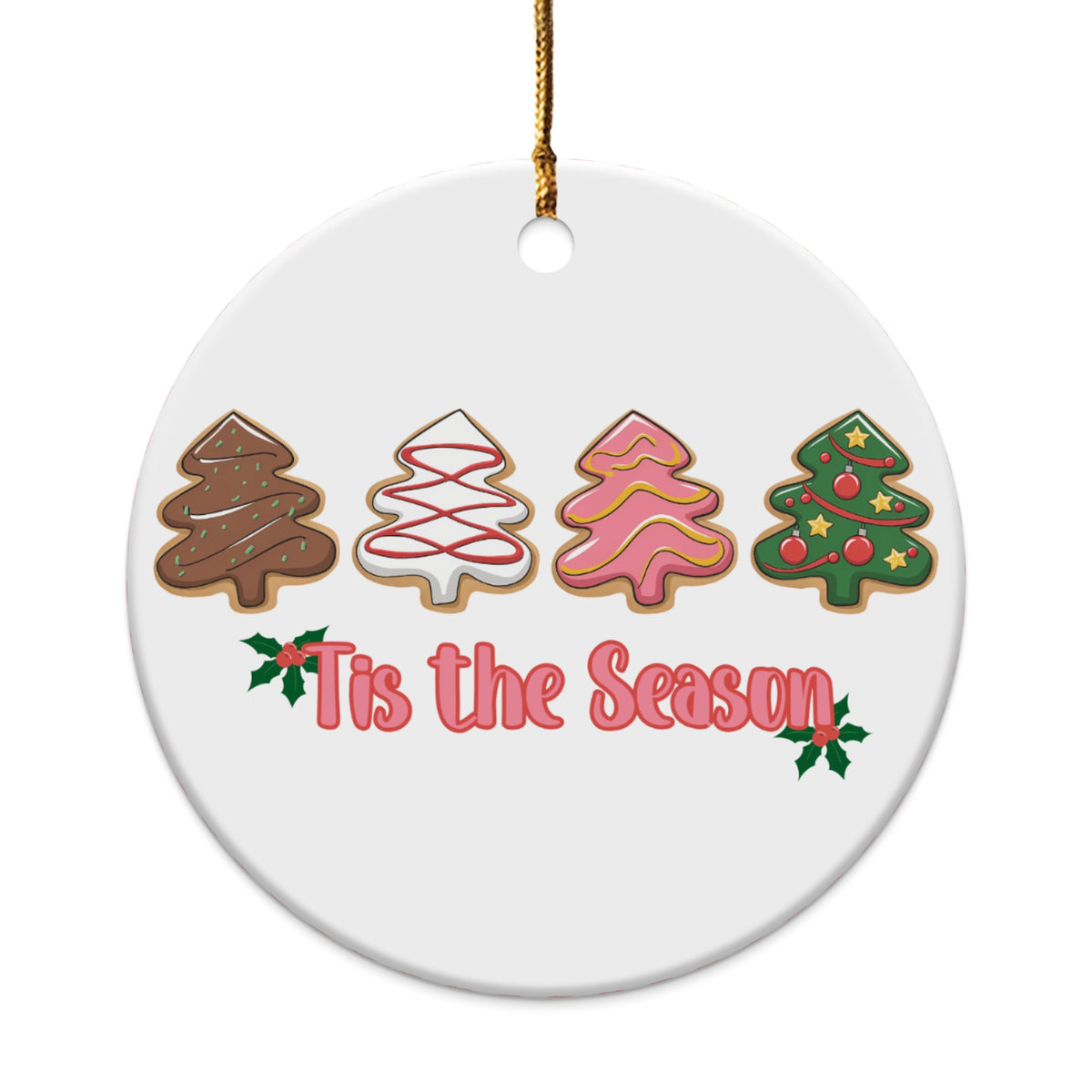 Round ornament with four decorated Christmas tree cookies and "Tis the Season" text.