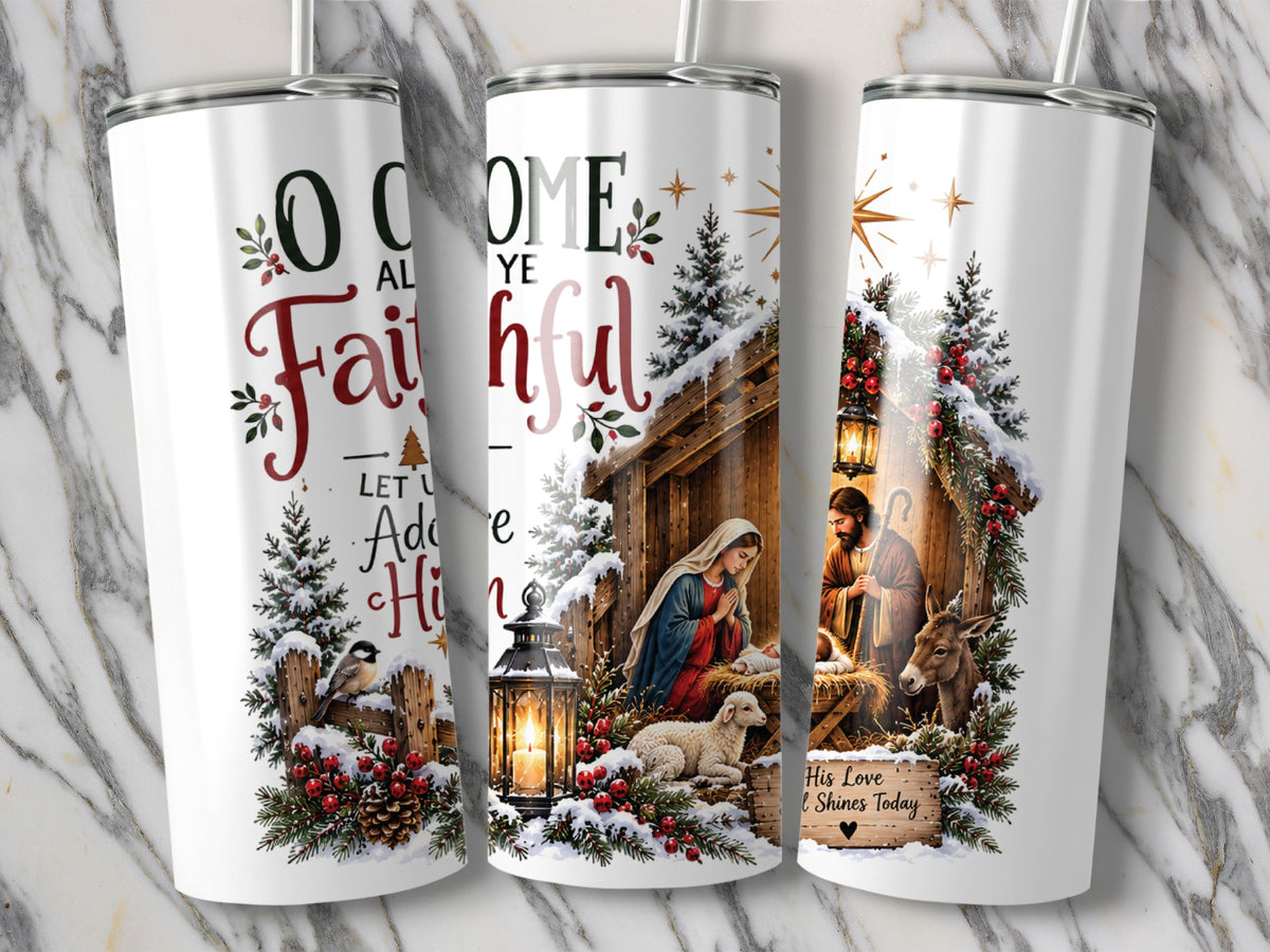 Three white travel tumblers featuring a Christmas nativity scene, winter foliage, and O Come All Ye Faithful text.