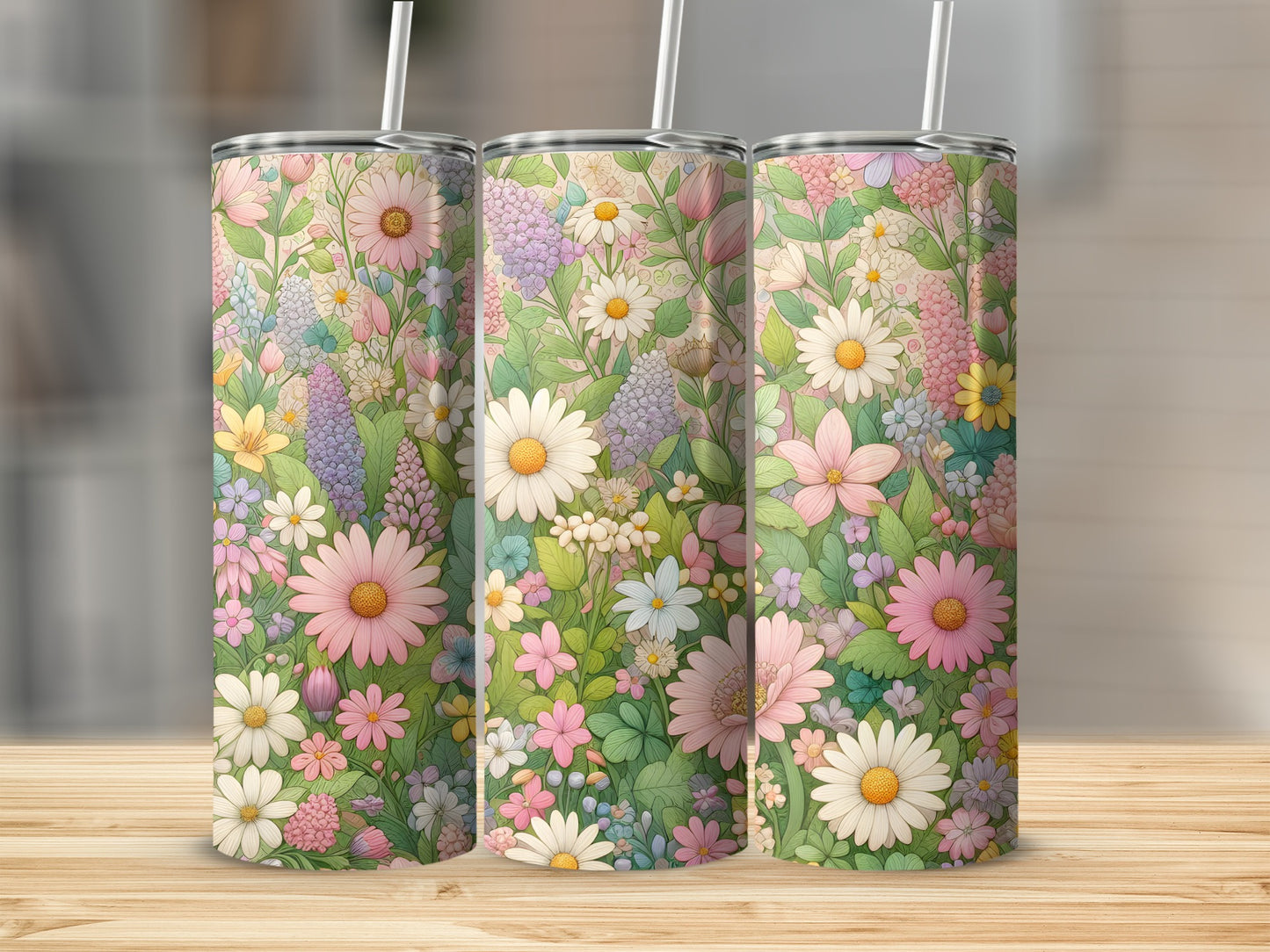 Three tumblers with a repeating pattern of pink, white, and purple wildflowers.