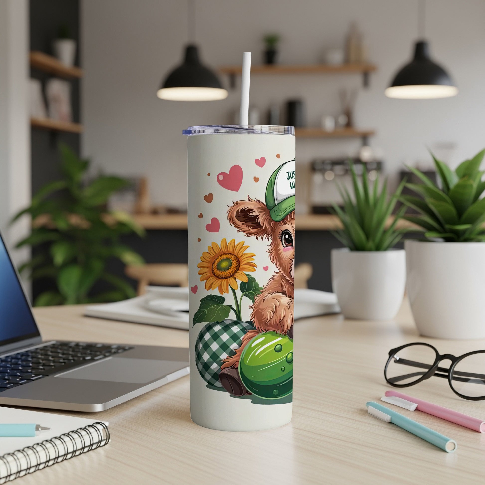 Cartoon cow wearing a green hat and holding a green Easter egg.